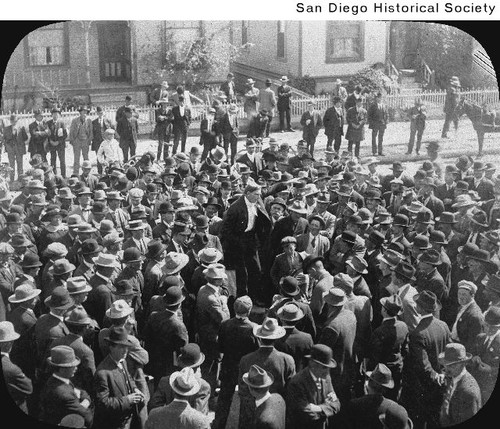 A man speaking to a crowd prior to the 1912 I.W.W. riot — Calisphere