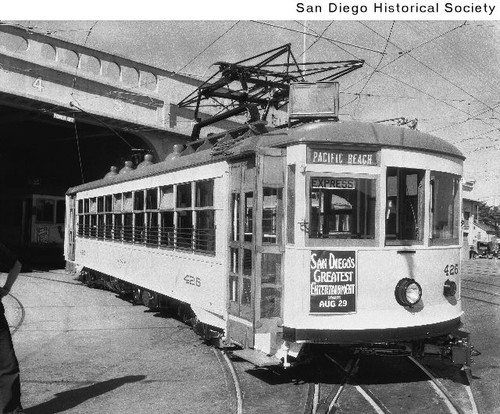 A Pacific Beach Express streetcar outside a streetcar terminal
