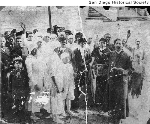 Group of people outside the Holiness Church in the Imperial Valley