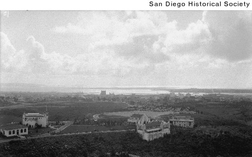 Aerial view of five exposition buildings in Balboa Park