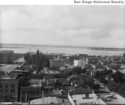 View of San Diego Harbor looking west from the roof of the US Grant Hotel