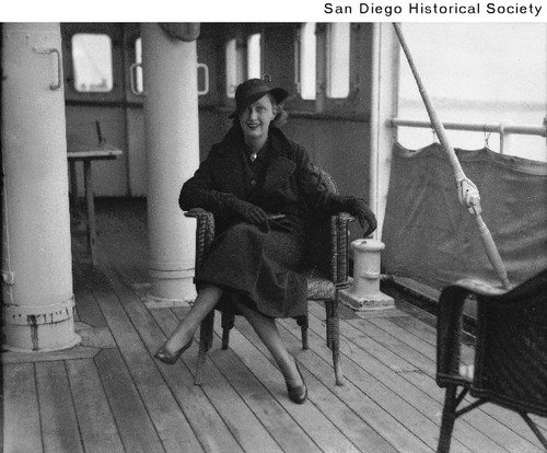 Countess Grace de Mun seated in a chair aboard the SS Wisconsin