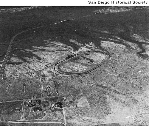 Aerial view of a racetrack near Mission Bay