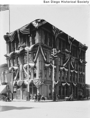 San Diego City Hall at Fifth and G Street decorated with flags and bunting