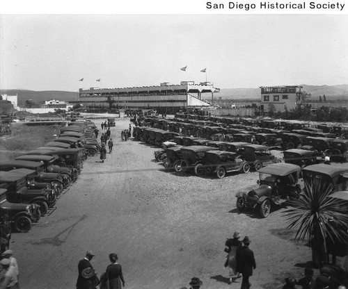 Many automobiles parked at a Tijuana, Mexico racetrack