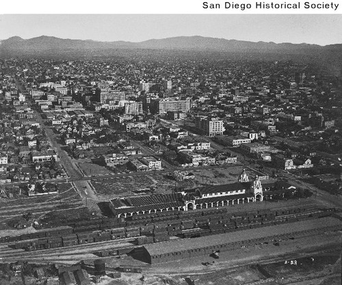 Aerial view of downtown San Diego looking east over Santa Fe Depot