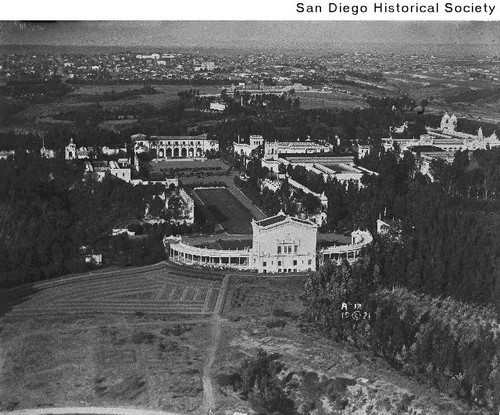 Aerial view of Balboa Park Exposition buildings and organ pavilion