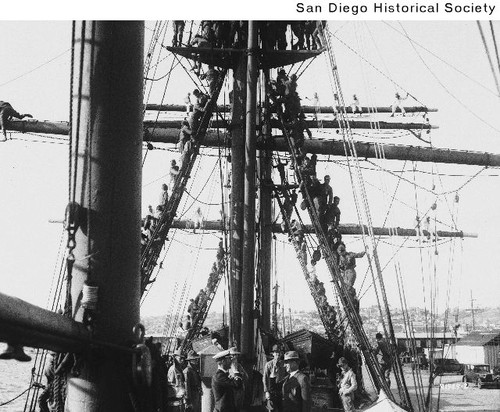 Group of Boy Scouts in the rigging of the Star of India