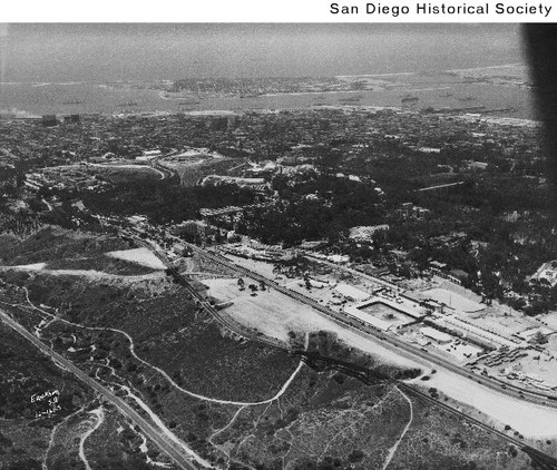 Aerial view of Ken Maynard's Wild West Show during the 1936 Exposition