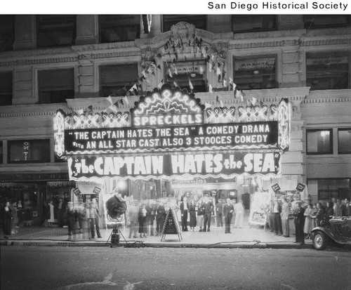 Exterior of the Spreckels Theater for the world premier of a Three Stooges movie