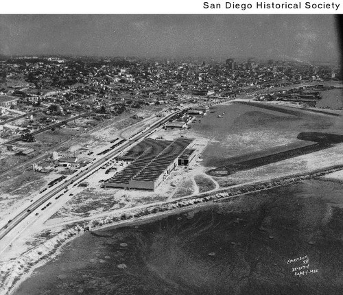 Aerial view of Consolidated Aircraft and downtown San Diego