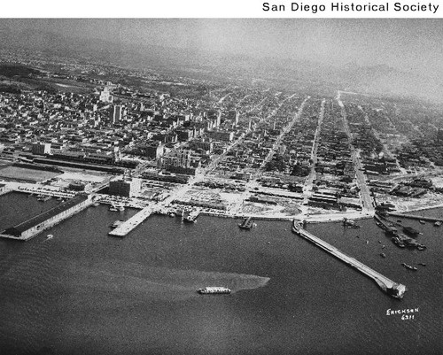 Aerial view of downtown San Diego looking east from over the bay