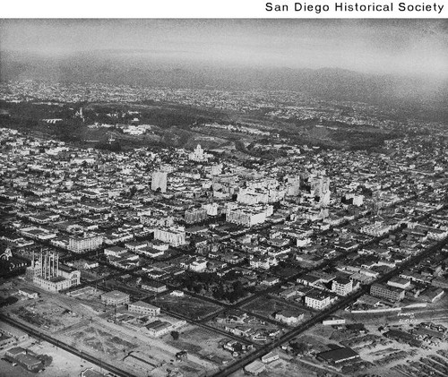 Aerial view of downtown San Diego looking northeast toward Balboa Park