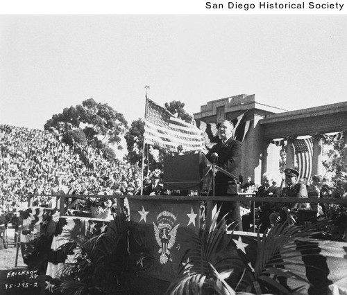 President Franklin D. Roosevelt giving a speech at Balboa Stadium