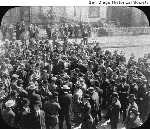 A man speaking to a crowd prior to the 1912 I.W.W. riot — Calisphere