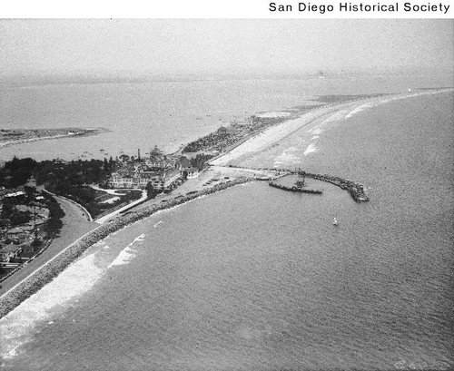 Aerial view of Hotel del Coronado, boat harbor and Silver Strand Beach