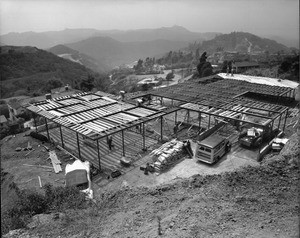 Birdseye view of the construction site of the Julius Shulman House and Studio, Los Angeles, 1949-1950