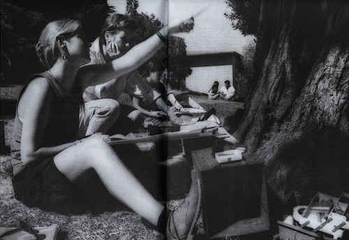 Mary Snowden with a student drawing on Macky Lawn, CCAC Oakland campus, 1990