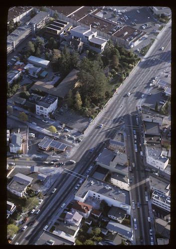 Aerial view of Broadway, College Ave, intersection and CCAC's Oakland campus, 1970