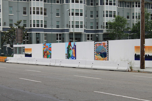 601 City Center construction barrier murals created by students of Eduardo Pineda's ENGAGE: Mural Arts class, Spring 2013