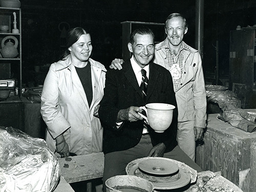 Ceramics faculty Viola Frey, Vernon Coykendall, and Art Nelson, early 1970s