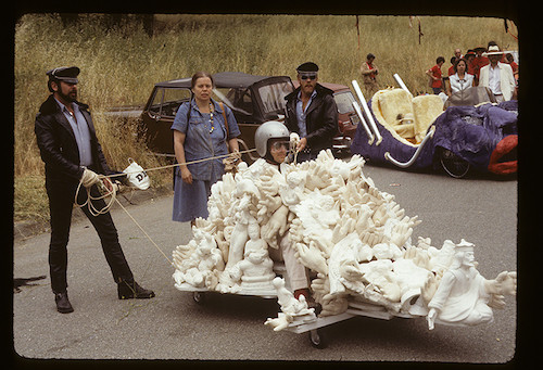 Viola Frey and her Soap Box Derby car, with Art Nelson and Phillip Kolb, 1975