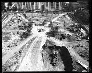 Birdseye view of the construction of City Garage in Pershing Square, Los Angeles, 1951