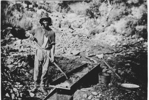 Andy at sluice box, Auburn Ravine, Calif., in the early 1850s