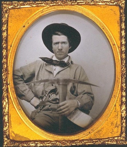 Joseph Sharp, with pick axe in hand, 1849 gold miner, of Sharp's Flats
