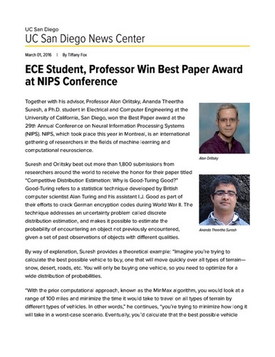ECE Student, Professor Win Best Paper Award at NIPS Conference