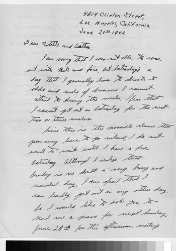 Letter, 1942 June 20, Los Angeles, Calif. to Mr. and Mrs. Ishigo, Pomona Reception Center, Pomona, Calif
