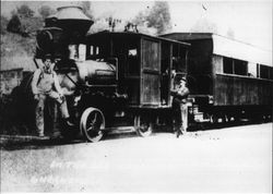 Coffee Grinder engine pulling a Northwest Pacific Railroad passenger train in Guerneville, California, about 1900?