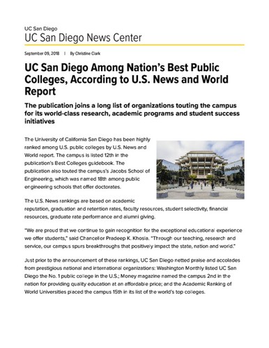 UC San Diego Among Nation’s Best Public Colleges, According to U.S. News and World Report
