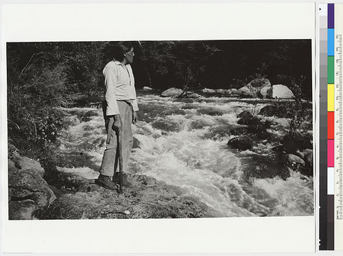 Ishi at river crossing of his 1909 camp