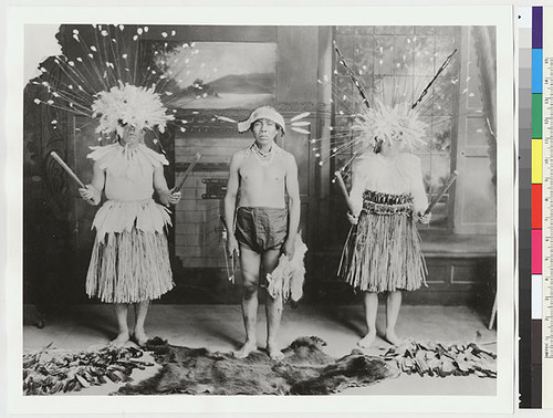 Full length portraits of Big Head dancers, L-R: Herbert Young, George Nye and Dewey Conway