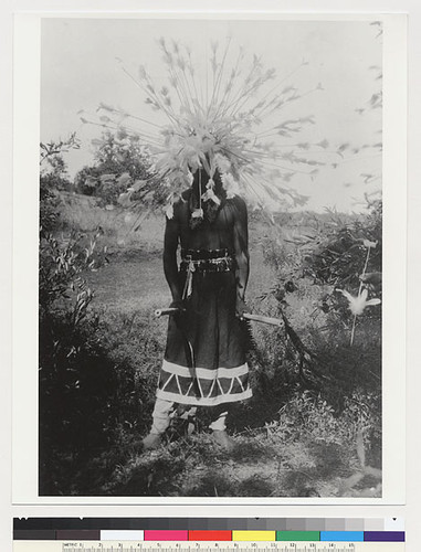 Dancer with feather headress and elderberry clappers