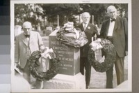 [John McLaren, William H. Crocker, and C.A. Shurtleff at the grave of Emperor Norton.]