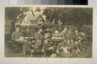 Right to left: Leverett, De Lemater, Hoffer Strickton (?), Lewis Sweetzer, George Bryd, A. P. Hayne, Jas. McKee, Sidney Mezes, R. H. Moore, Larry Vassault, Hiram W. Johnson, E. M. Norton (?)