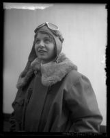 Portrait of pilot Helen Sheridan in 1929 wearing flight jacket and goggles in Los Angeles, Calif
