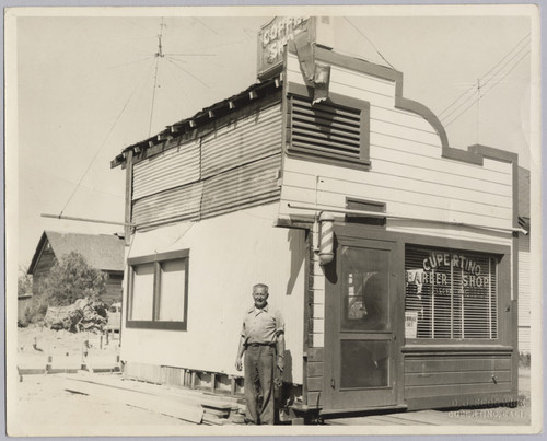 [Charlie Baer outside Cupertino Barber shop, ca. 1955]