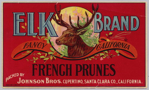 Elk Brand Fancy California French Prunes Packed By Johnson Bros. Cupertino, Santa Clara Co., California, ca. 1925