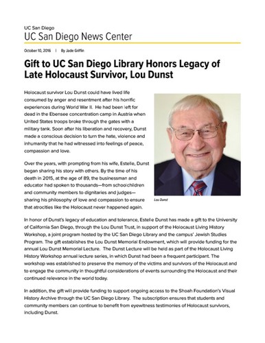 Gift to UC San Diego Library Honors Legacy of Late Holocaust Survivor, Lou Dunst