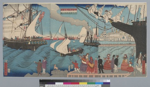 [Waterfront scene with ships and passengers]