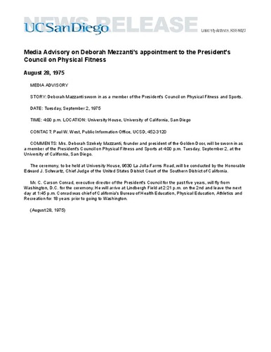 Media Advisory on Deborah Mezzanti's appointment to the President's Council on Physical Fitness
