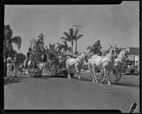 Float with a tower in the parade for the Old Spanish Days Fiesta, Santa Barbara, 1932