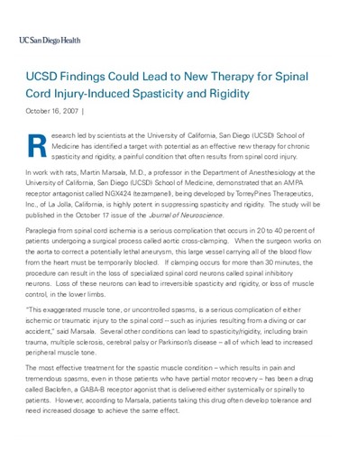 UCSD Findings Could Lead to New Therapy for Spinal Cord Injury-Induced Spasticity and Rigidity