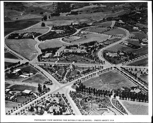 Aerial view of Beverly Hills showing the new Beverly Hills Hotel, ca.1918