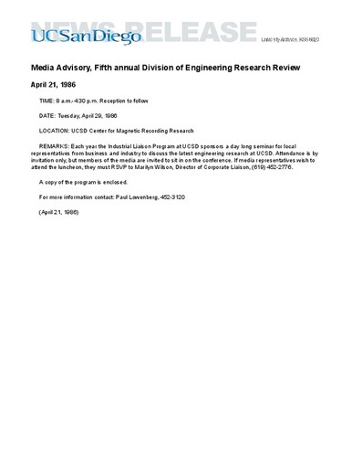 Media Advisory, Fifth annual Division of Engineering Research Review