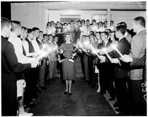 Queen of Hearts serenade on University of Southern California fraternity row, 1959