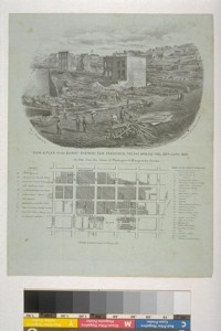 View & Plan of the Burnt District, San Francisco, the day after the fire, 22nd June 1851. As seen from the corner of Washington & Montgomery Streets